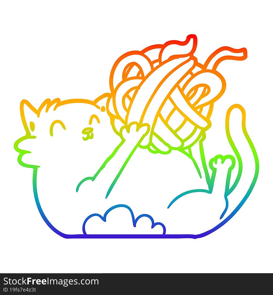 Rainbow Gradient Line Drawing Cartoon Cat Playing With Ball Of String