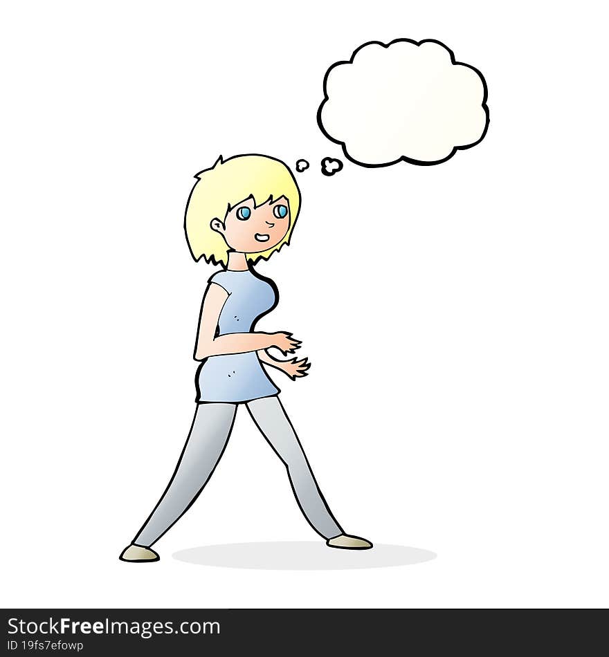 cartoon woman walking with thought bubble