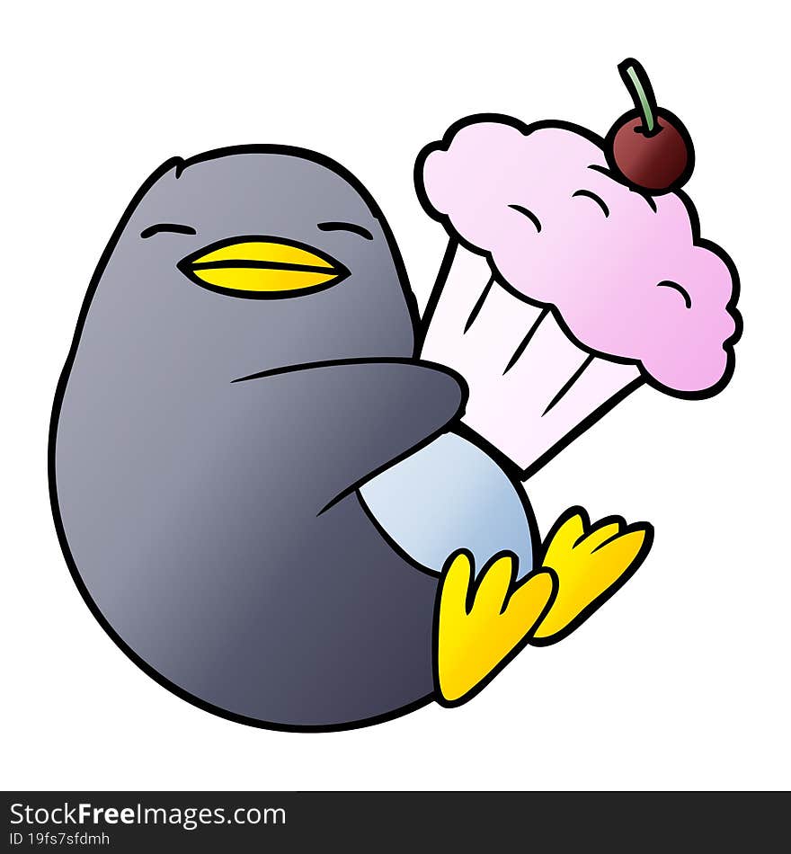 cartoon penguin with cupcake. cartoon penguin with cupcake