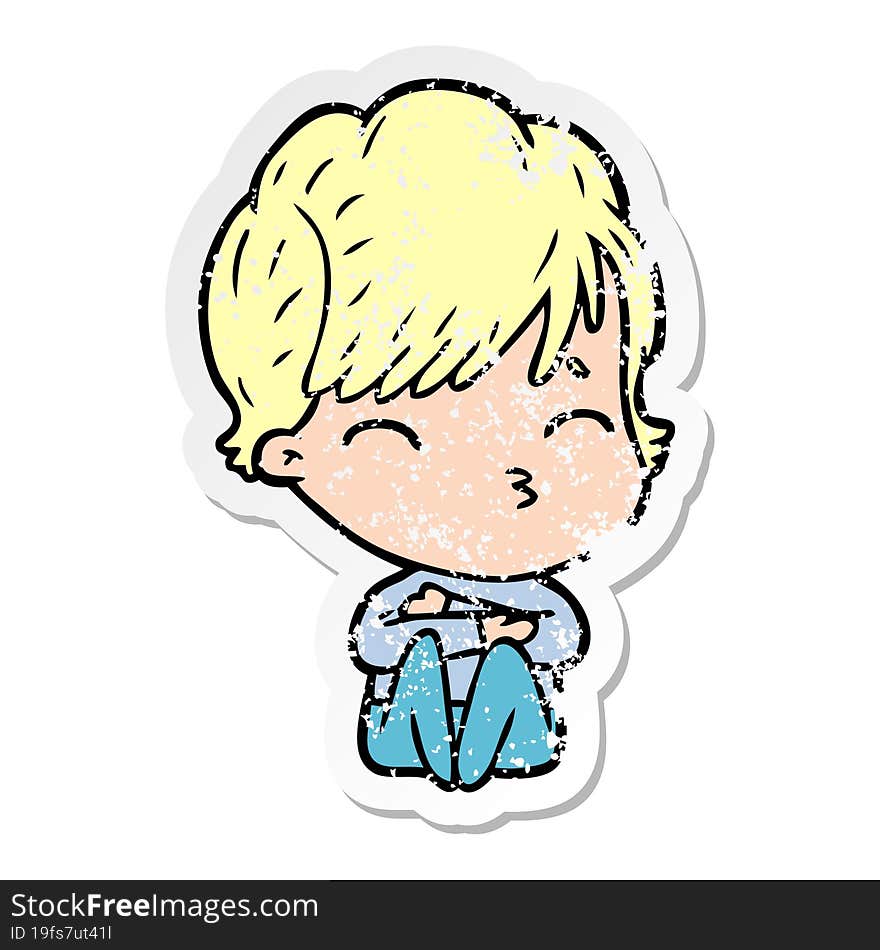 distressed sticker of a cartoon woman thinking