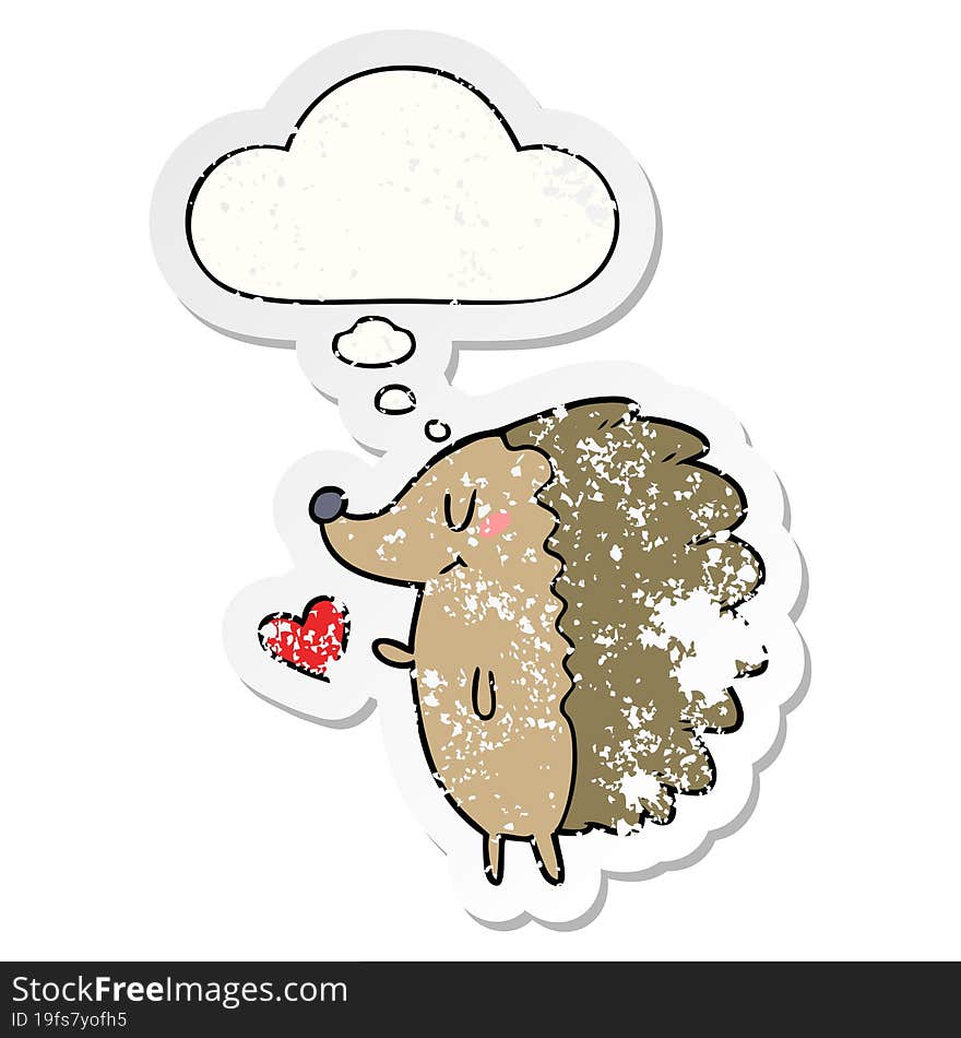 cute cartoon hedgehog and thought bubble as a distressed worn sticker