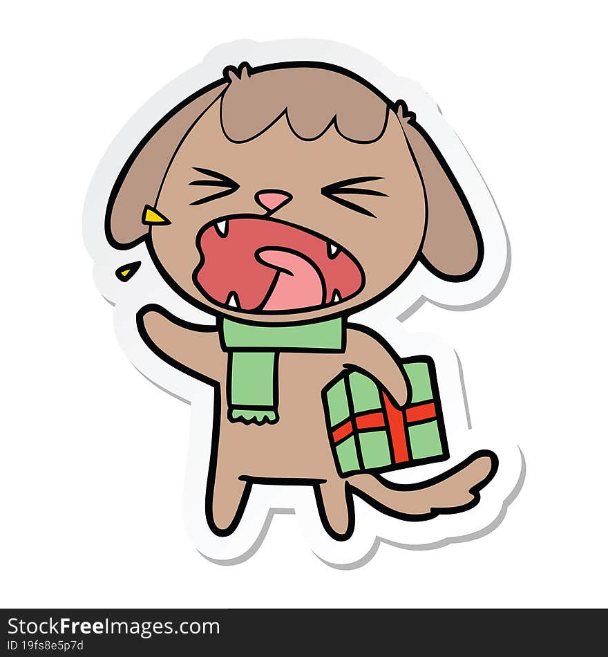 sticker of a cute cartoon dog with christmas present