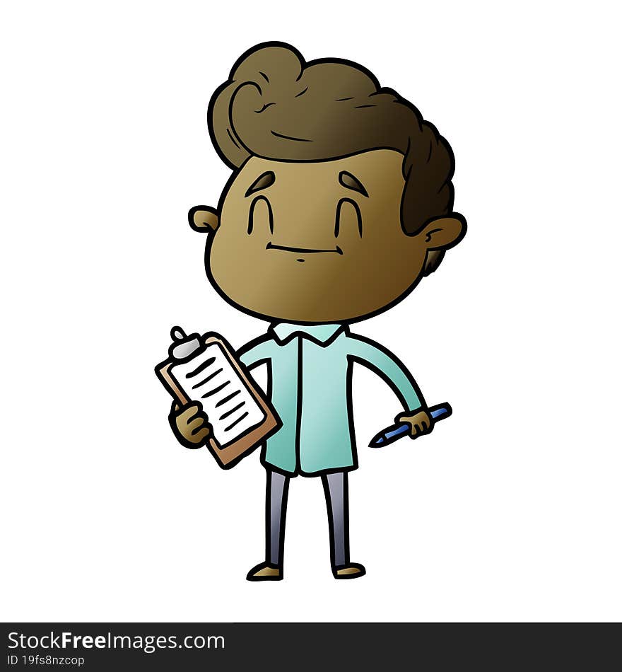 happy cartoon man with pen and clipboard. happy cartoon man with pen and clipboard