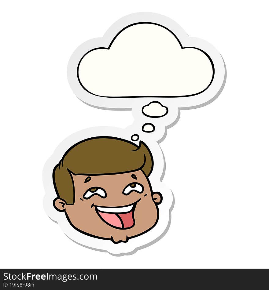 happy cartoon male face and thought bubble as a printed sticker