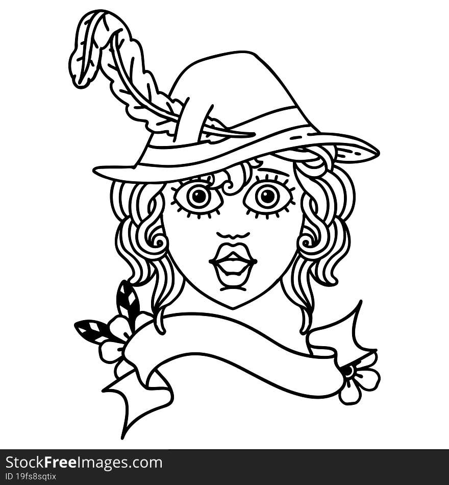 Black and White Tattoo linework Style human bard character face. Black and White Tattoo linework Style human bard character face