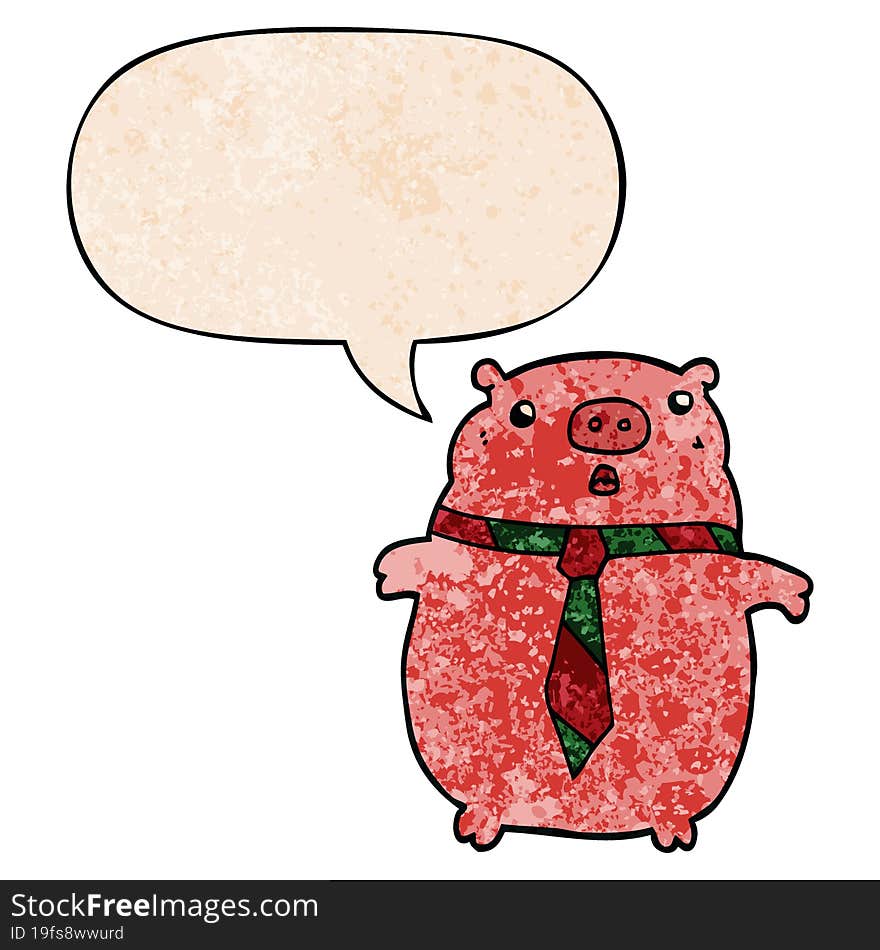 cartoon pig wearing office tie and speech bubble in retro texture style