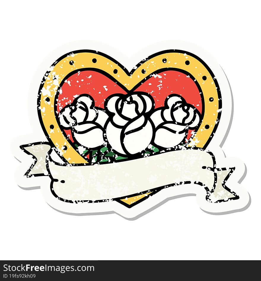 traditional distressed sticker tattoo of a heart and banner with flowers