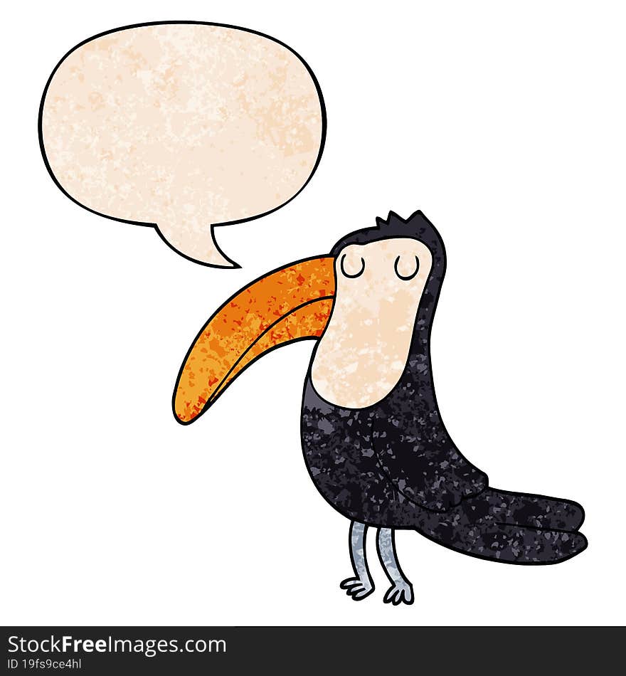 cartoon toucan with speech bubble in retro texture style