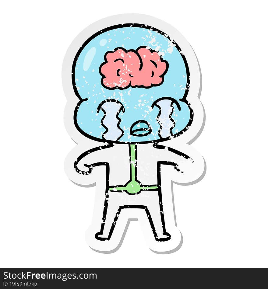 Distressed Sticker Of A Cartoon Big Brain Alien Crying