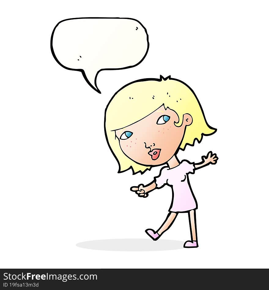 Cartoon Happy Girl Gesturing To Follow With Speech Bubble