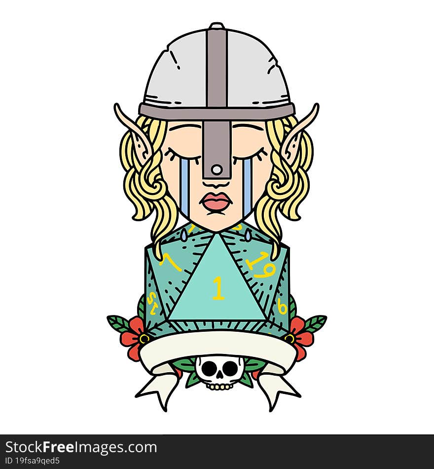 crying elf fighter character face with natural one D20 roll illustration