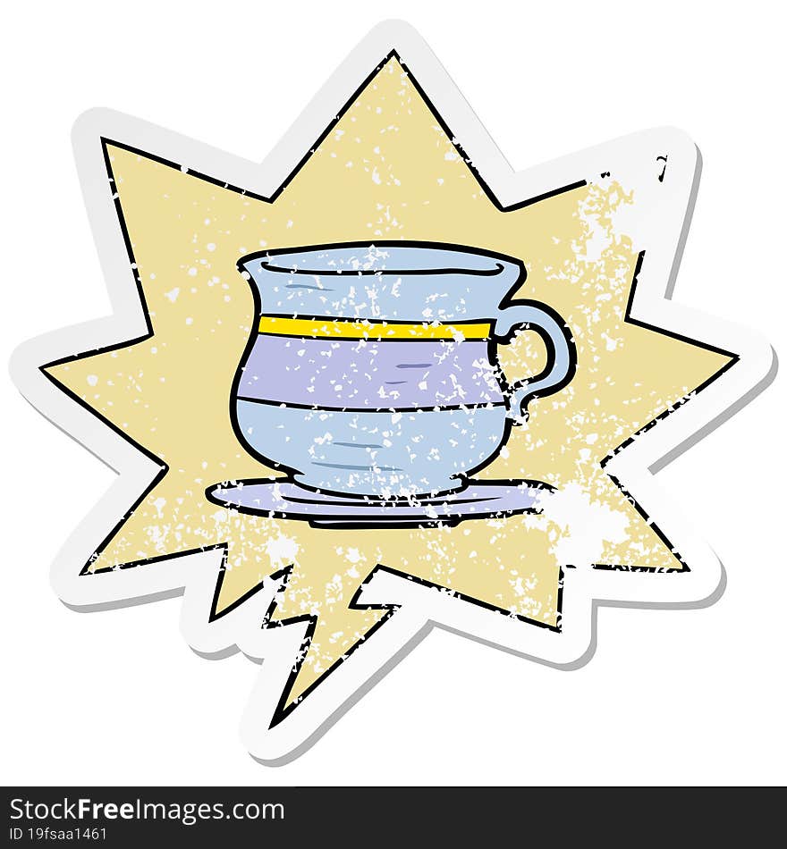 cartoon old tea cup and speech bubble distressed sticker