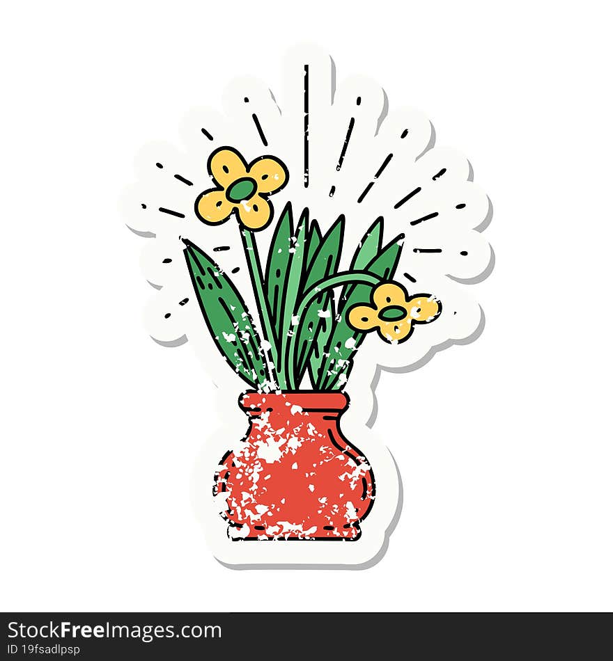 grunge sticker of tattoo style flowers in vase