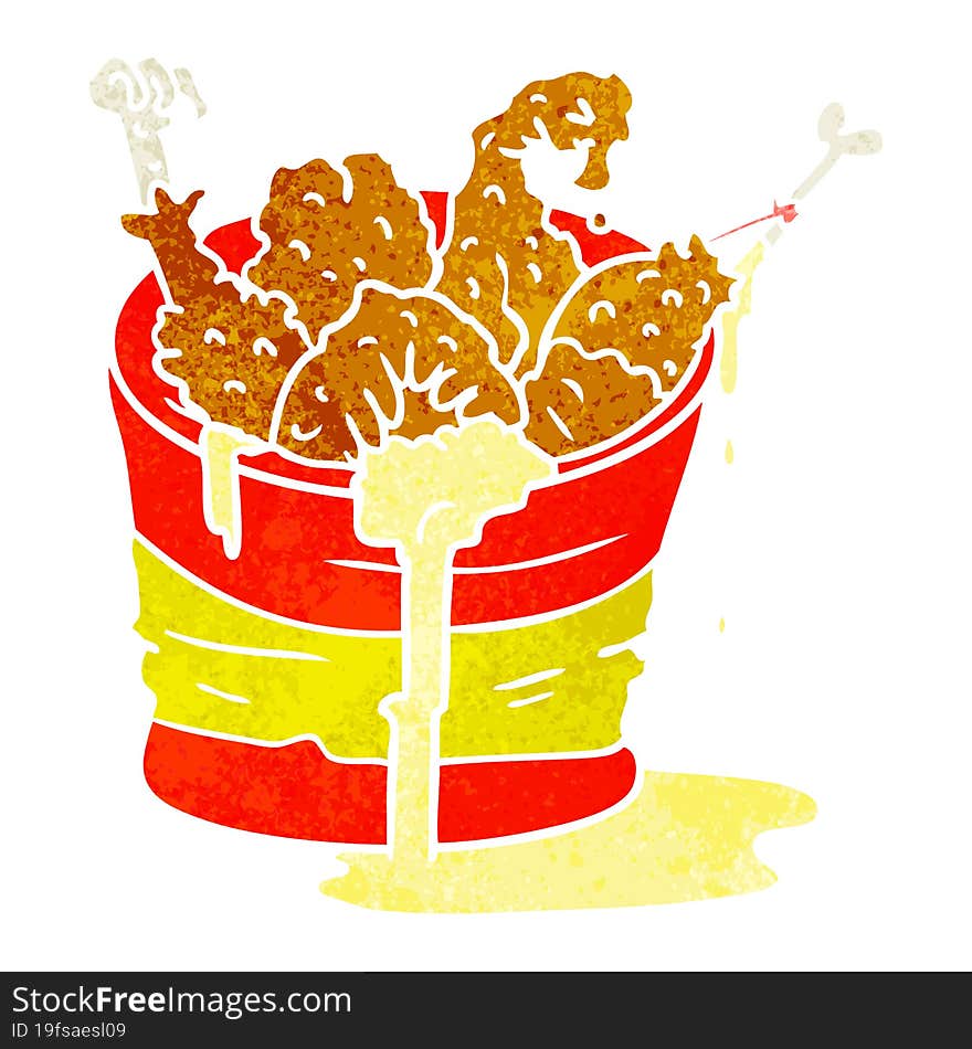 retro cartoon doodle bucket of fried chicken