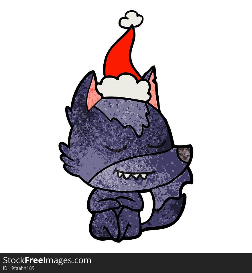 friendly textured cartoon of a wolf sitting wearing santa hat