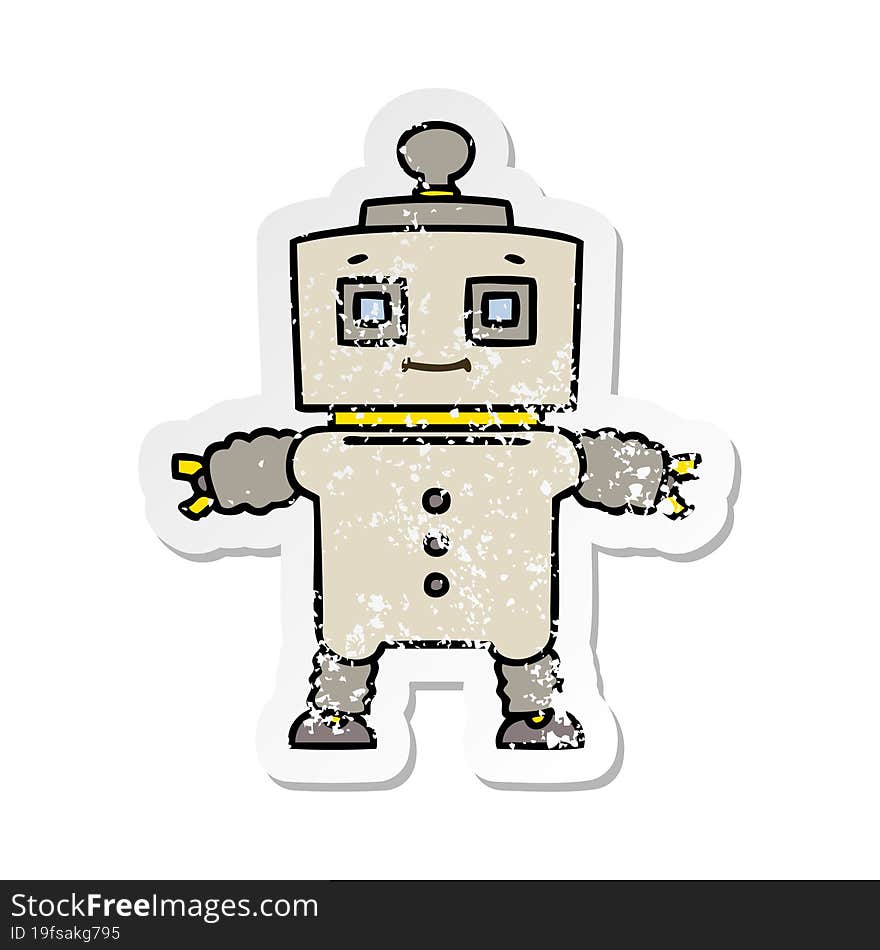 distressed sticker of a quirky hand drawn cartoon robot