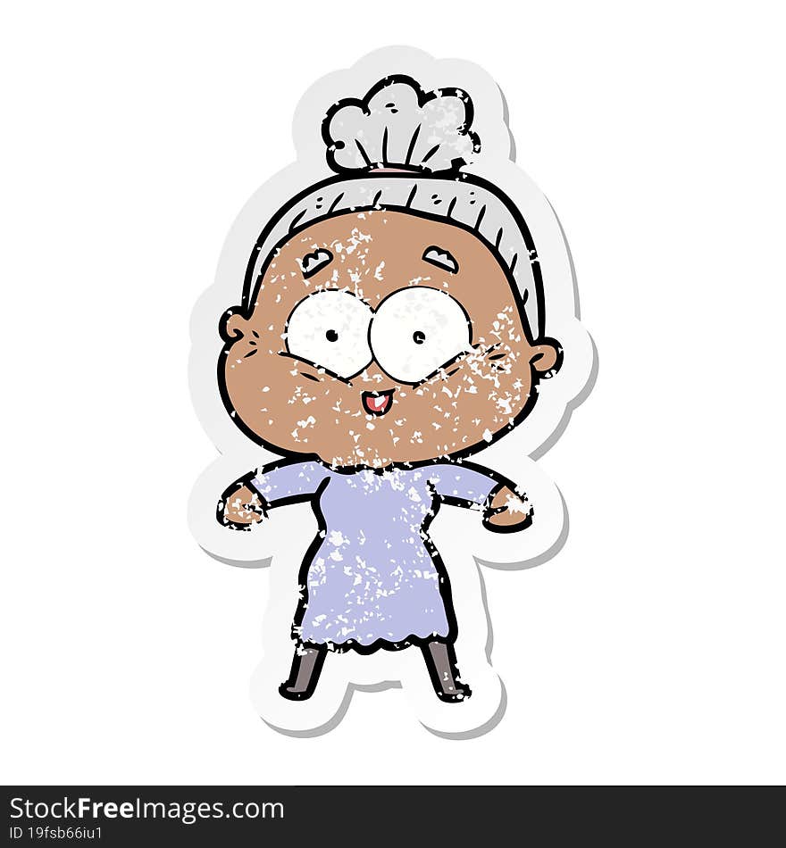 Distressed Sticker Of A Cartoon Happy Old Woman