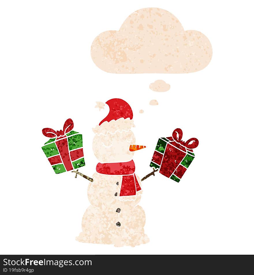 cartoon snowman and thought bubble in retro textured style