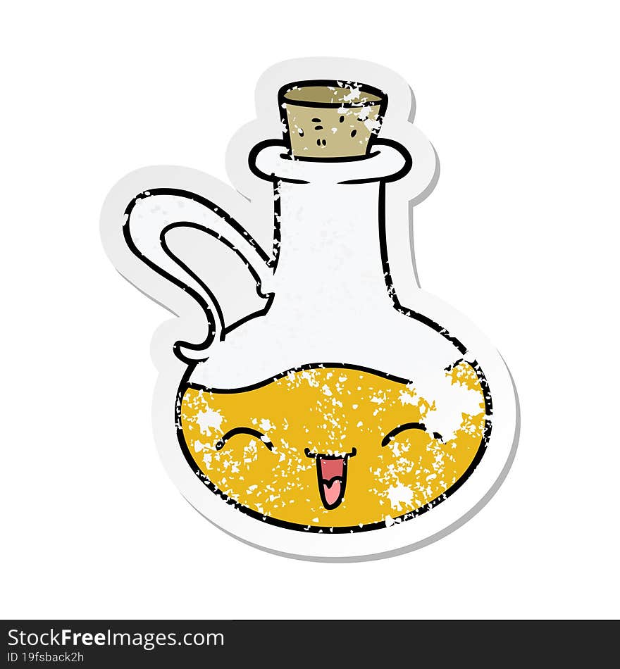 Distressed Sticker Of A Cartoon Happy Bottle Of Olive Oil