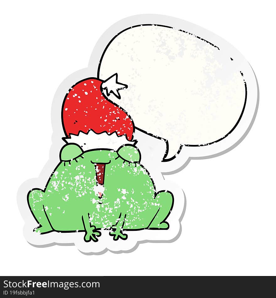 cute cartoon christmas frog with speech bubble distressed distressed old sticker. cute cartoon christmas frog with speech bubble distressed distressed old sticker