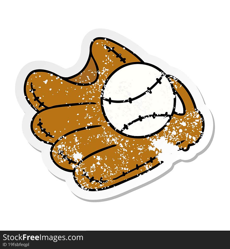 distressed sticker cartoon doodle of a baseball and glove