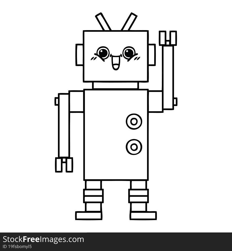 line drawing cartoon of a happy robot