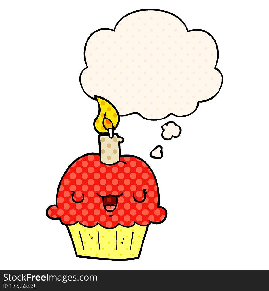 cartoon cupcake with thought bubble in comic book style