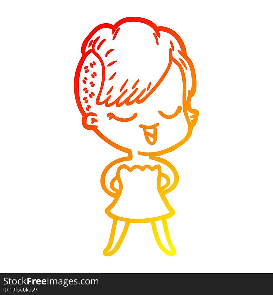 warm gradient line drawing of a happy cartoon girl in cocktail dress