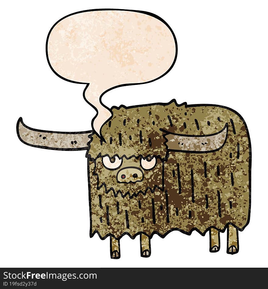 cartoon hairy cow and speech bubble in retro texture style