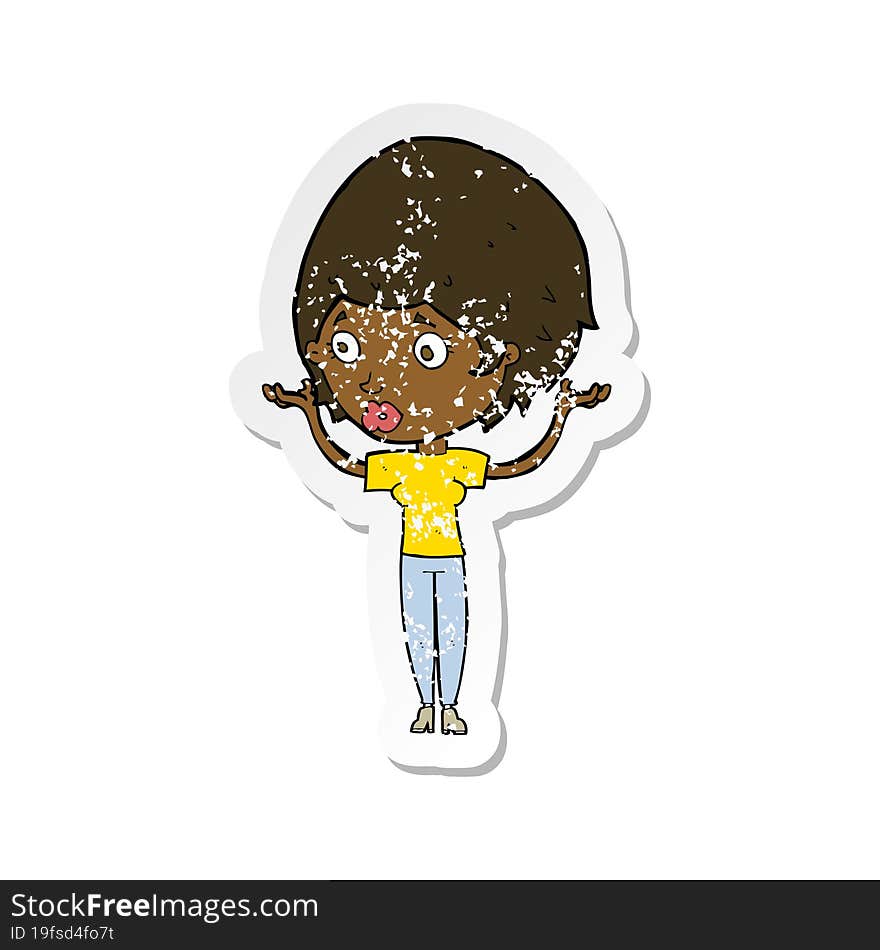 Retro Distressed Sticker Of A Cartoon Woman Raising Hands In Air