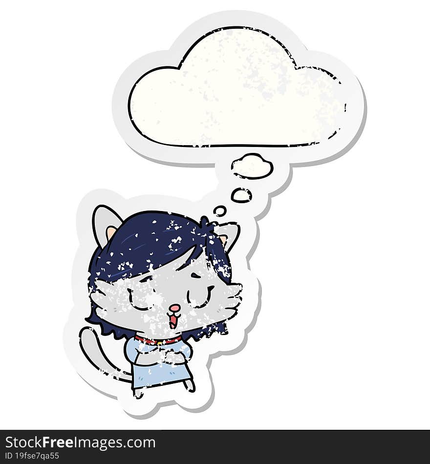 cartoon cat girl and thought bubble as a distressed worn sticker