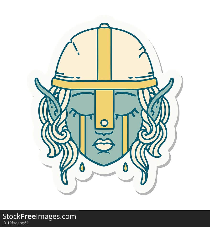 sticker of a crying elven fighter character face. sticker of a crying elven fighter character face