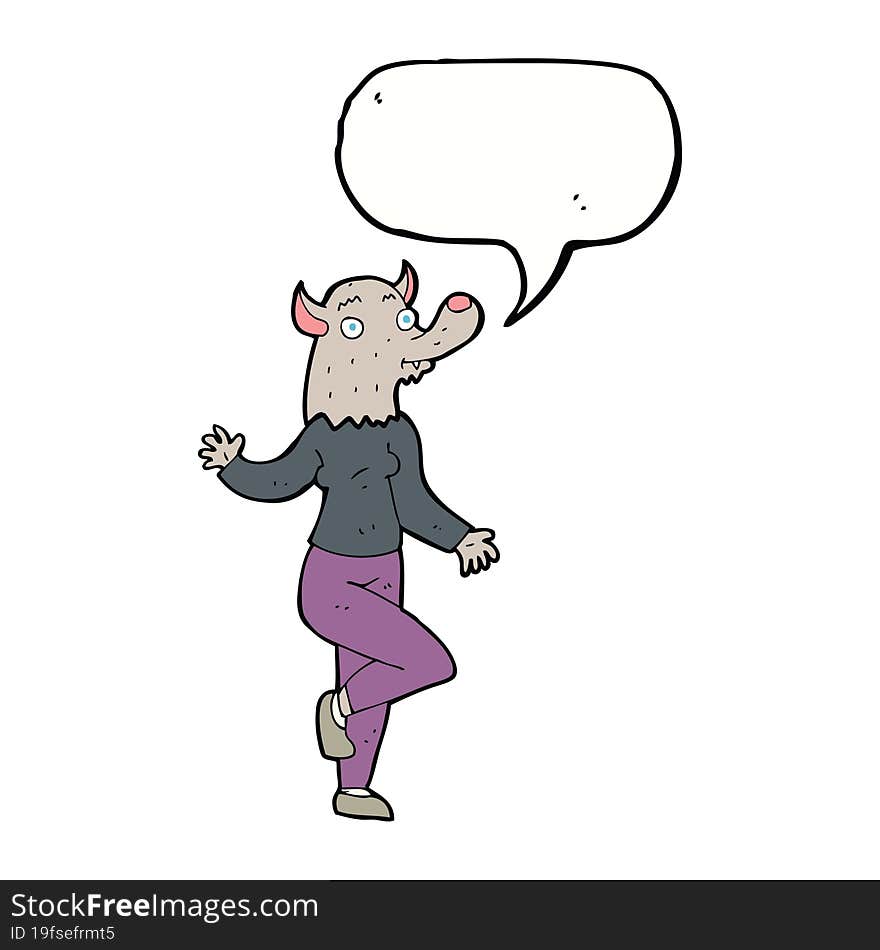 cartoon dancing werewolf woman with speech bubble