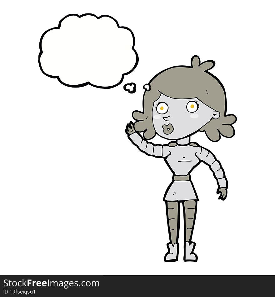 cartoon robot woman waving with thought bubble