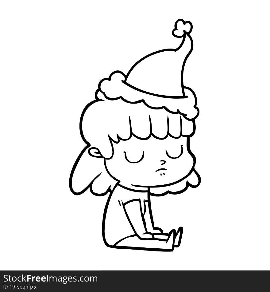 line drawing of a indifferent woman wearing santa hat