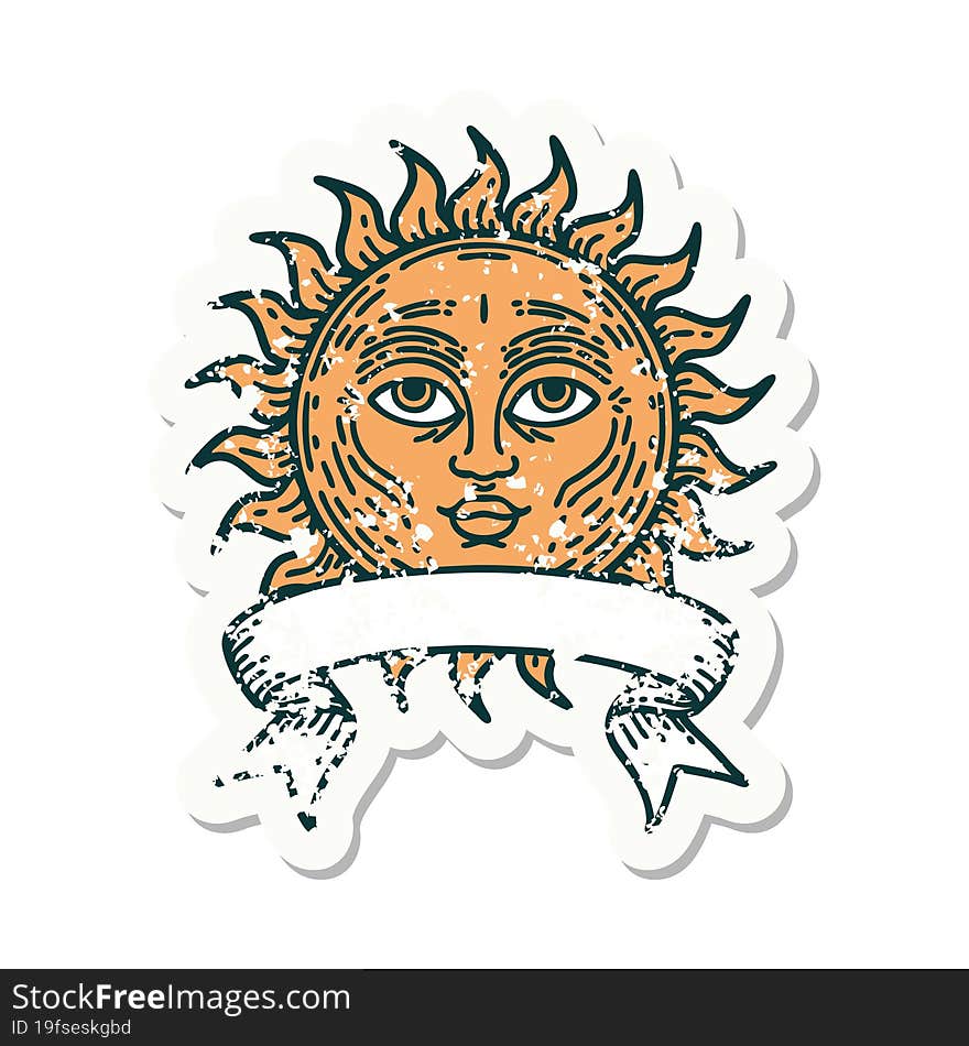 worn old sticker with banner of a sun with face. worn old sticker with banner of a sun with face