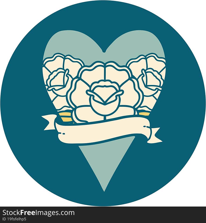 Tattoo Style Icon Of A Heart And Banner With Flowers