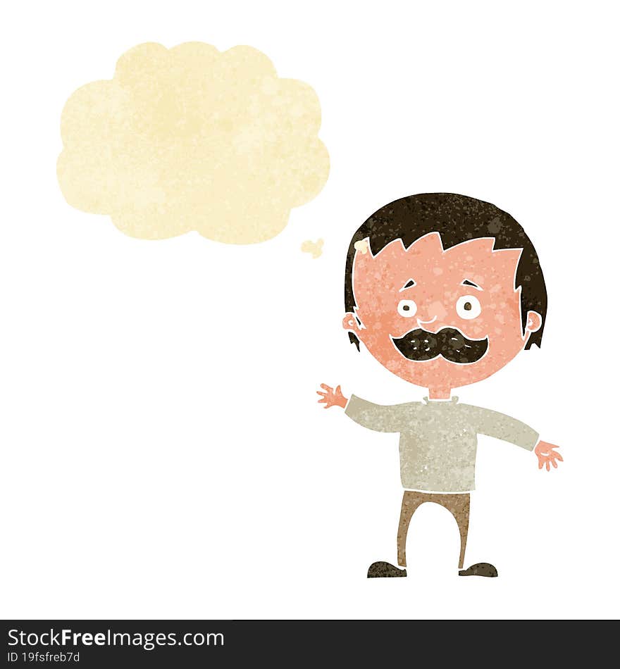 cartoon man with mustache waving with thought bubble