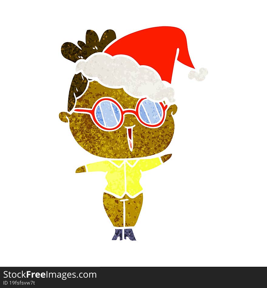 hand drawn retro cartoon of a woman wearing spectacles wearing santa hat