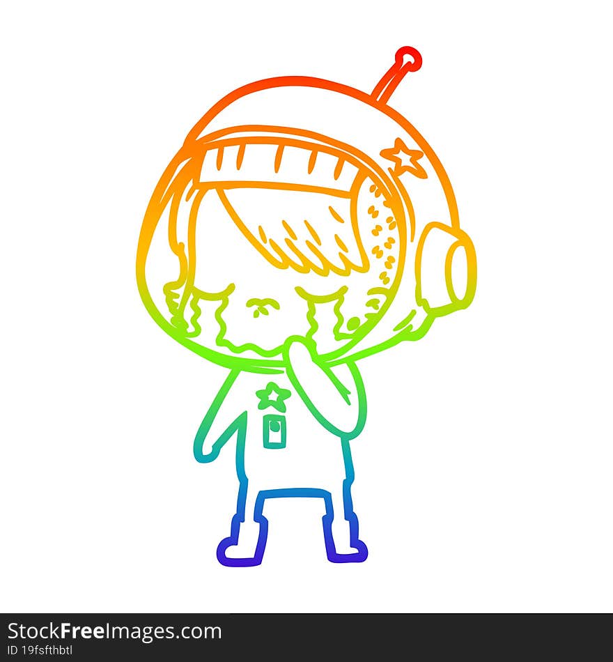 rainbow gradient line drawing cartoon crying astronaut girl