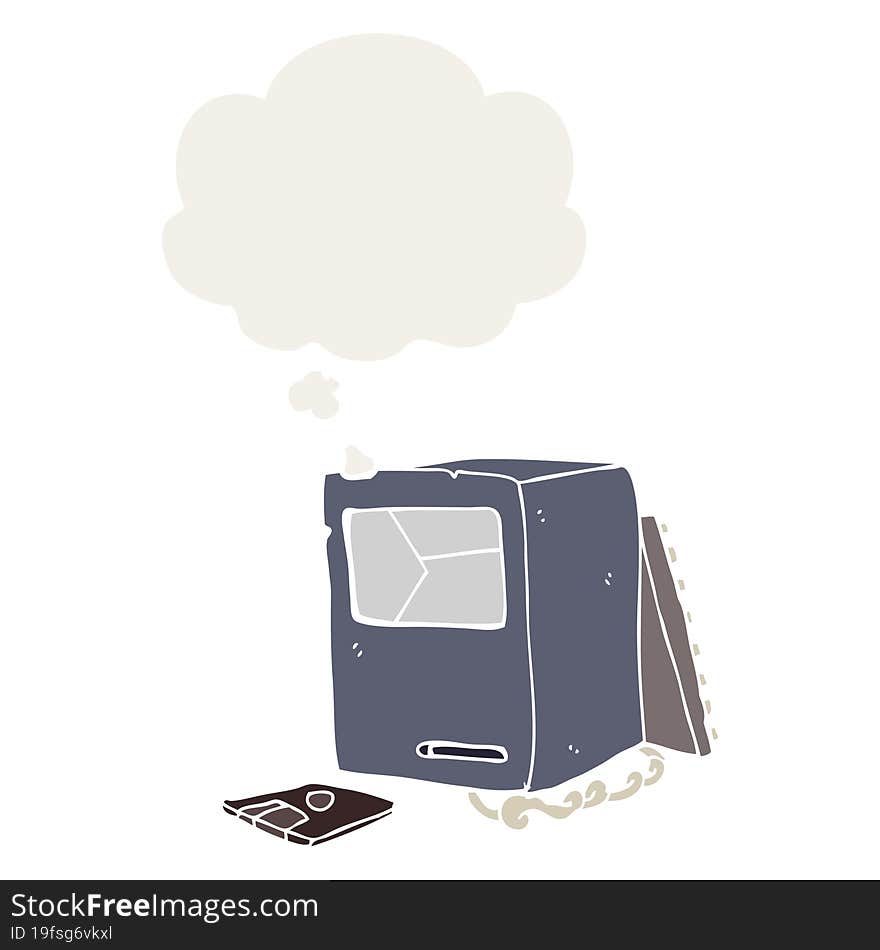 cartoon broken old computer with thought bubble in retro style