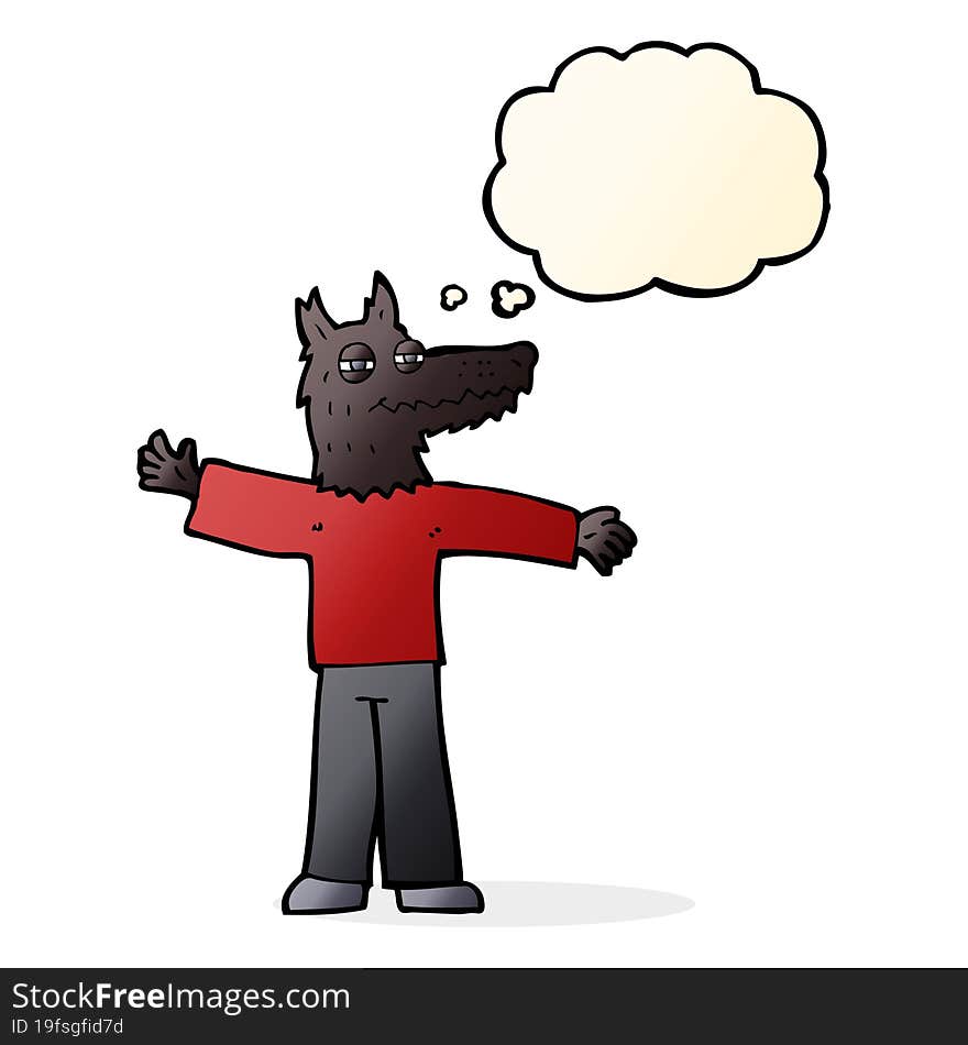 Cartoon Happy Wolf Man With Thought Bubble