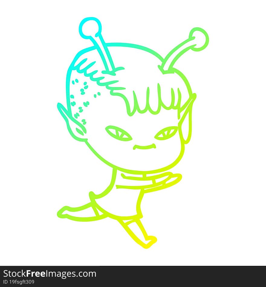 cold gradient line drawing of a cute cartoon alien girl