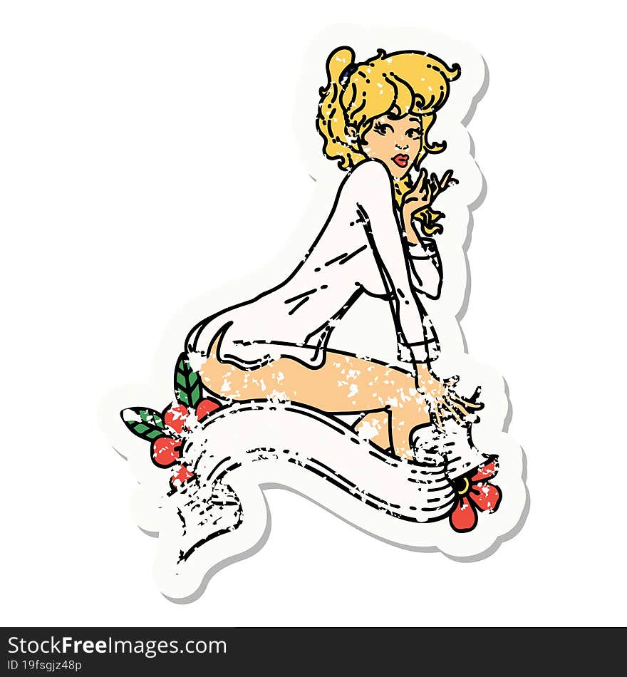 distressed sticker tattoo in traditional style of a pinup girl wearing a shirt with banner. distressed sticker tattoo in traditional style of a pinup girl wearing a shirt with banner