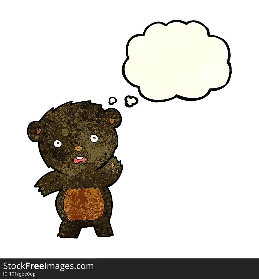 cartoon waving black bear cub with thought bubble