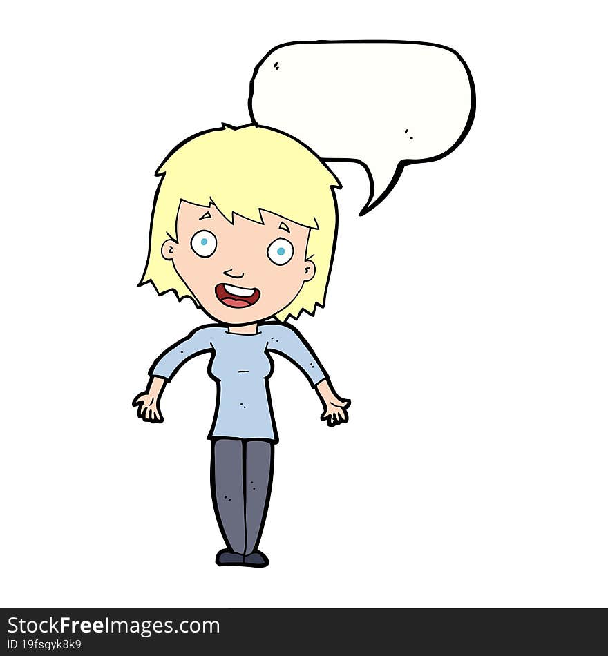 cartoon woman shrugging shoulders with speech bubble