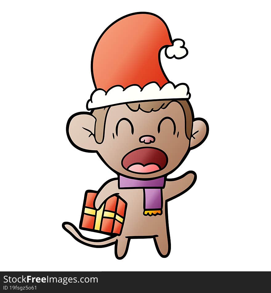 shouting cartoon monkey carrying christmas gift. shouting cartoon monkey carrying christmas gift