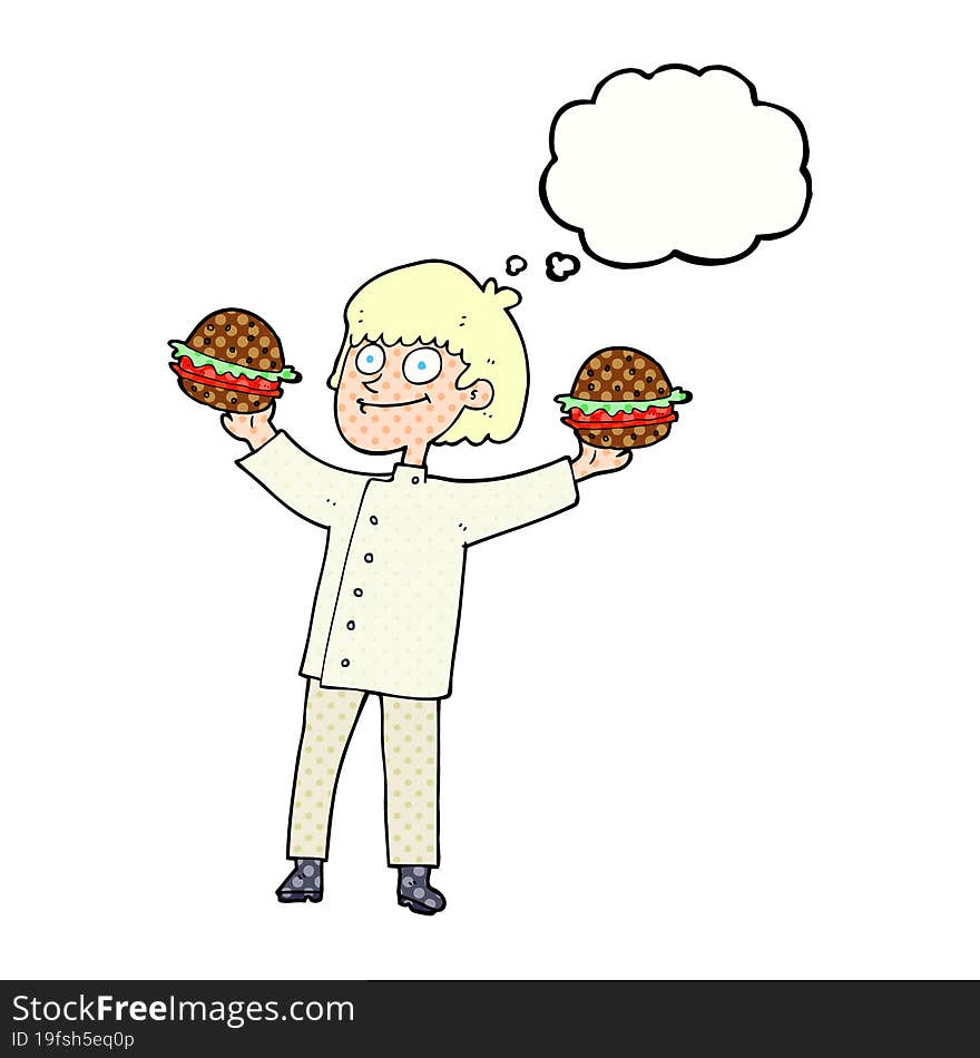 thought bubble cartoon chef with burgers