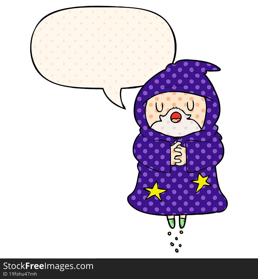 cartoon floating wizard with speech bubble in comic book style