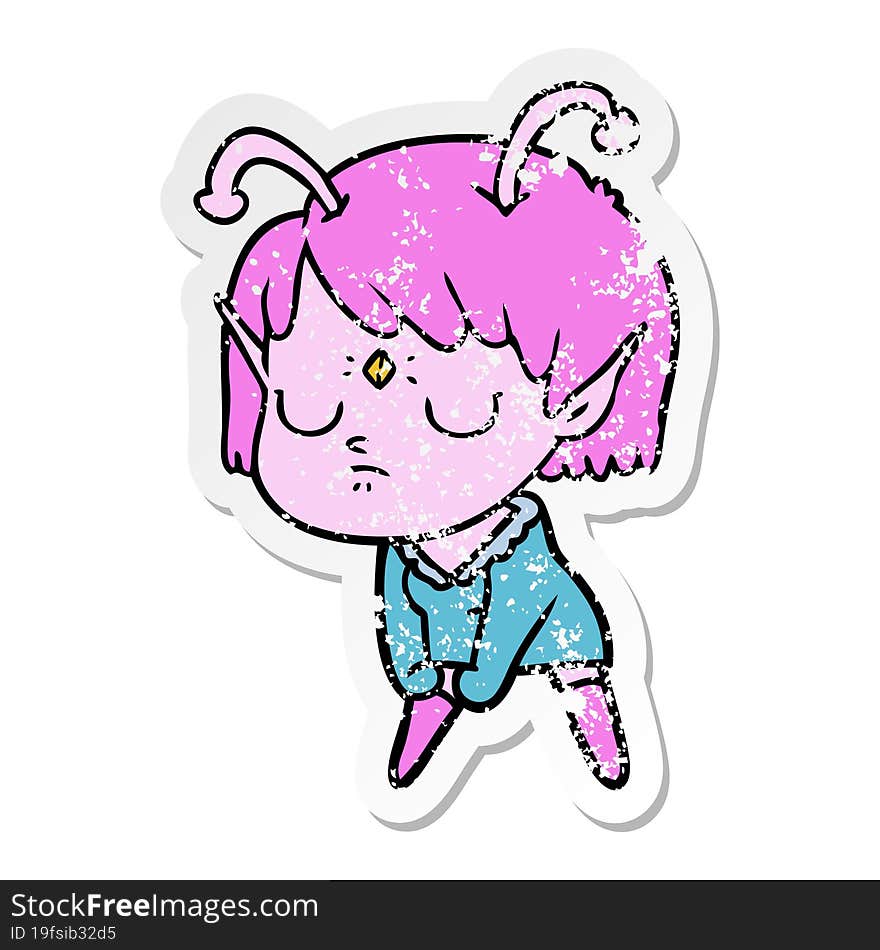 distressed sticker of a cartoon alien girl